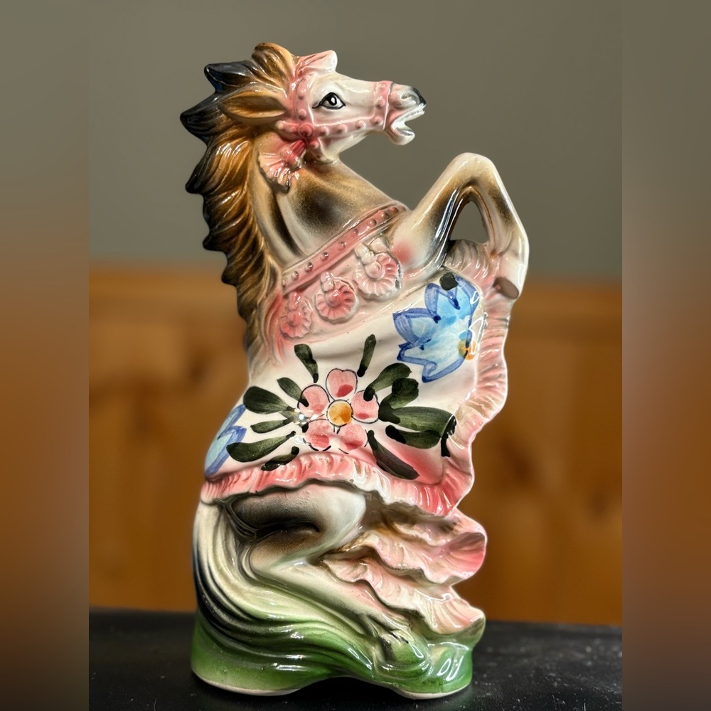 vintage, hand-painted ceramic rearing horse figurine made in Japan